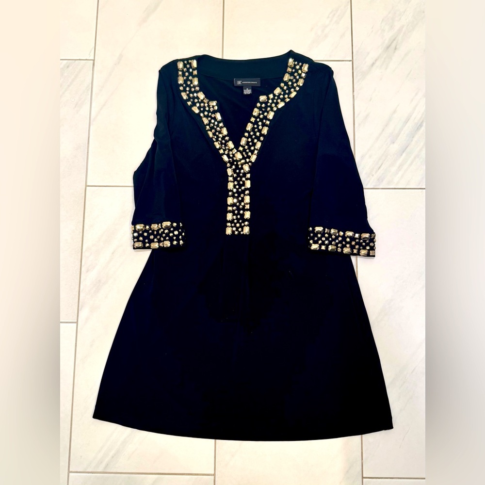 INC Black with Gold Beaded Detail Dress. Size Medium.